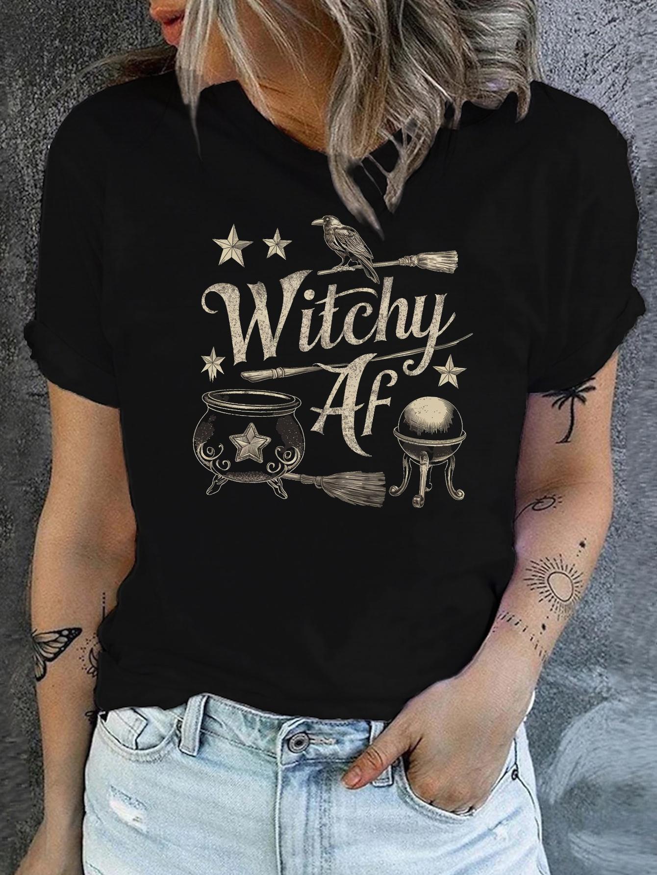 Witchy Af Raven Broom Cauldron Crystal Ball T-shirt M