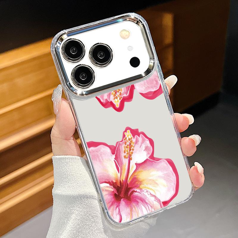 Pink Peony Floral Pattern Case For iPhone 17 Pro Max Plating Lens Frame Clear Soft Cover For iPhone 16 15 14 13 Pro Max 11 16E 17E