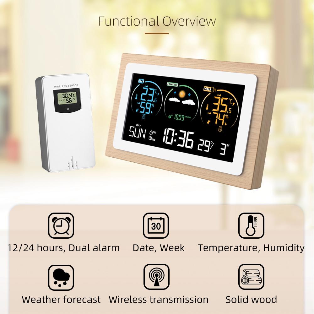 

FJ3399C Smart Weather Station with Clock Indoor and Outdoor Temperature & Humidity Meter Multifunctional VA Large Color