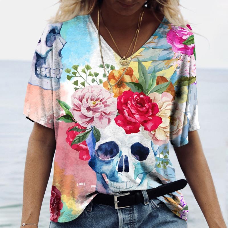 Ladies' V-neck Floral Skull Print Casual Loose Street Trendy T-Shirts Women’s