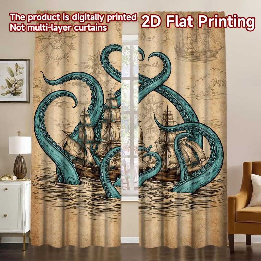 2D FLAT PRINTING 2pcs Curtains (Without Rod) Tall Ships and Tentacles Chic Chic Curtains Prints Light Filtering Curtains