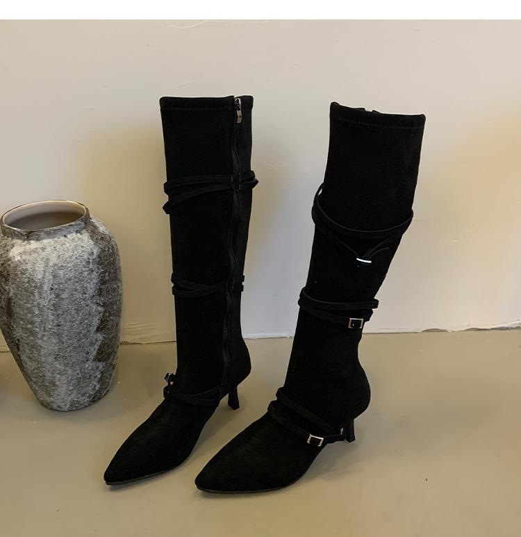 Vintage Suede Women Knee High Boots Fashion Pointed Toe Shoes Autumn Winter Thin Heel Ladies Short Plush Long Booties