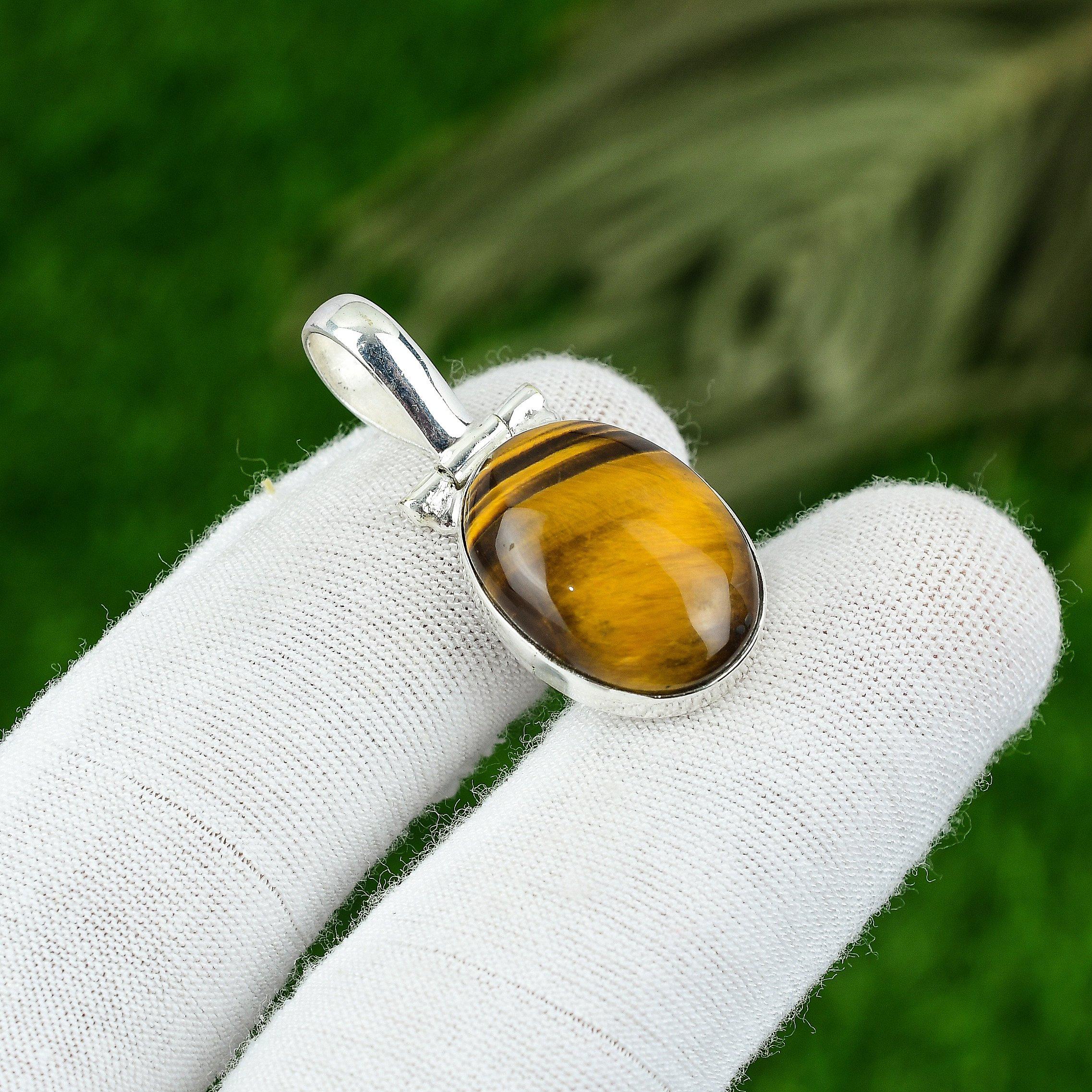 

Natural Tiger Eye Gemstone Pendant Yellow 925 Sterling Silver Indian Jewelry