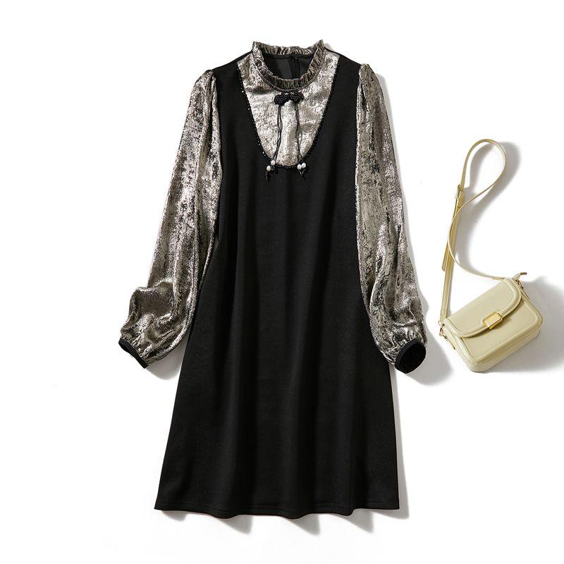 

Female Wooden Ear Collar Ribbon Skimming Small Black Dress! Gilding Fake Two-Piece Ponte De Roma Stereoscopic Impression Fall and Winter Dress Black 4XL