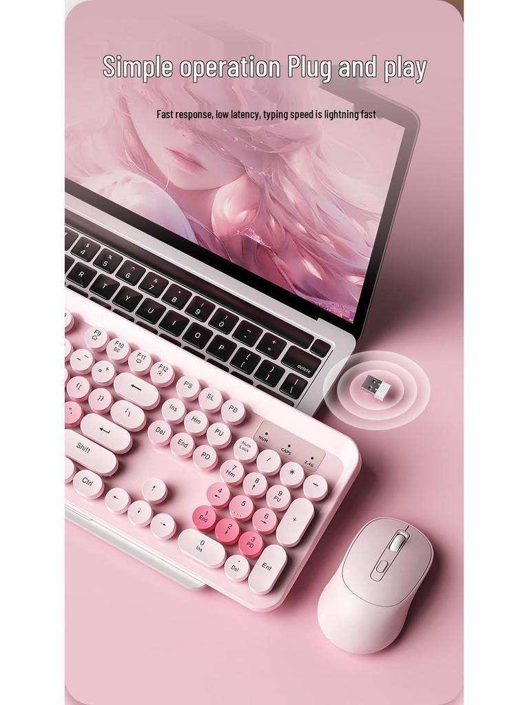K73 Punk Retro Wireless Keyboard & Mouse Set - Colorful, Quiet, Round Keys for Girls' Office