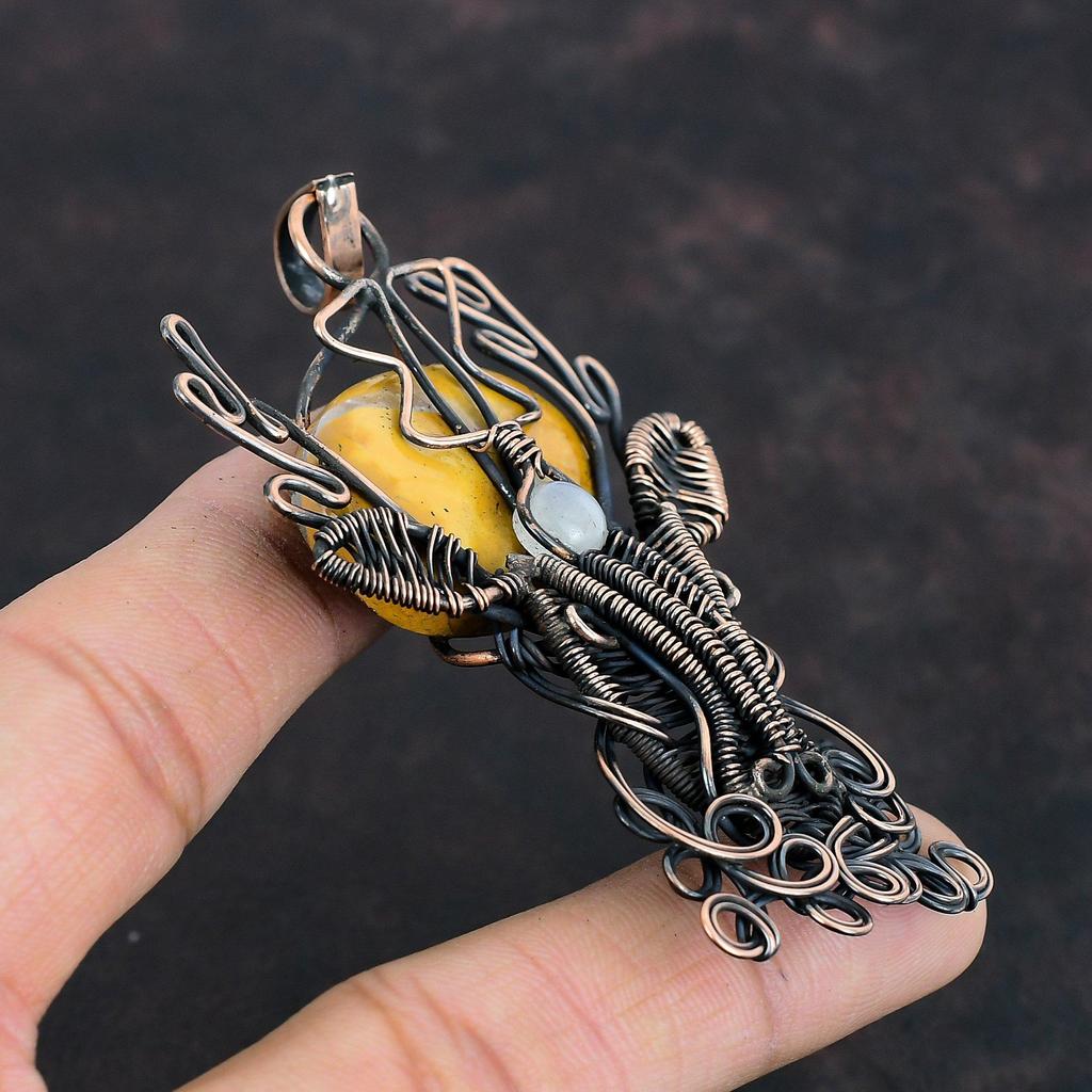 Maligano Jasper Pendant Copper Wire Wrapped Rainbow Moonstone Pendant Handmade Copper Jewelry Deer Face Pendant For Gifts Gemstone Pendant