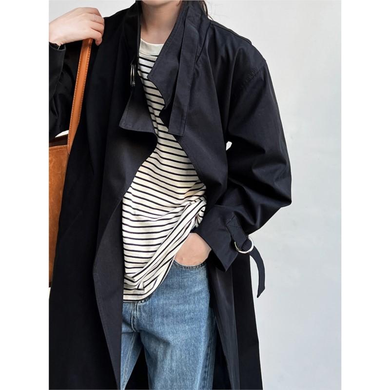 

Johnature Autumn British Minimalist Trench Coat Women Fashionable Casual Long Versatile Trench M чёрный