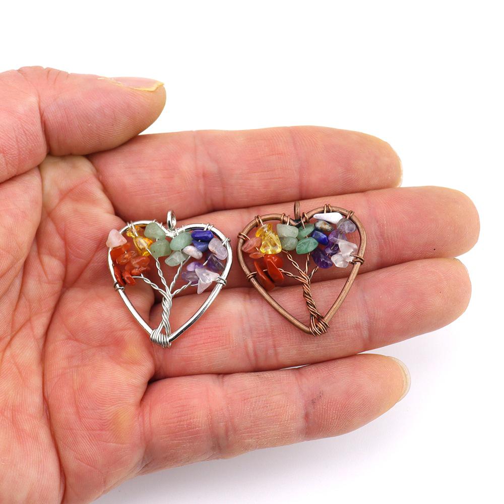 Seven-Color Natural Crystal Tree of Life Heart Pendant Necklace N743