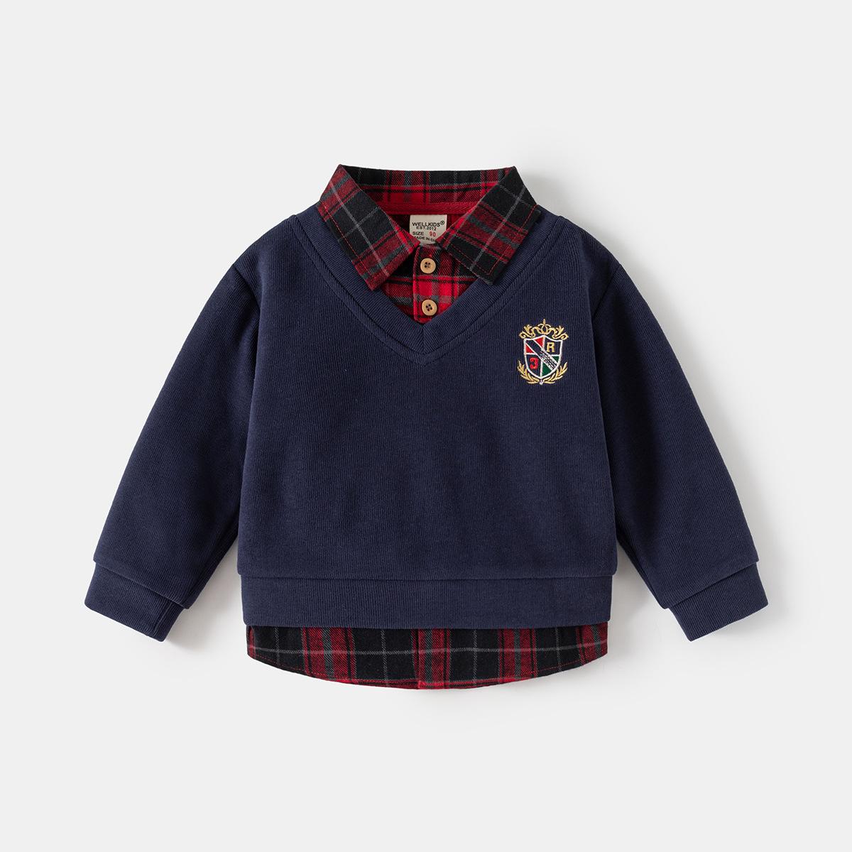 Boys Fake Two Piece Sweatshirt Long Sleeve Pullover Casual Spring Autumn Top for Kids 90cm темно-синий