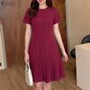 Women Casual Round Neck Solid Color Short Sleeve Pleated Dress