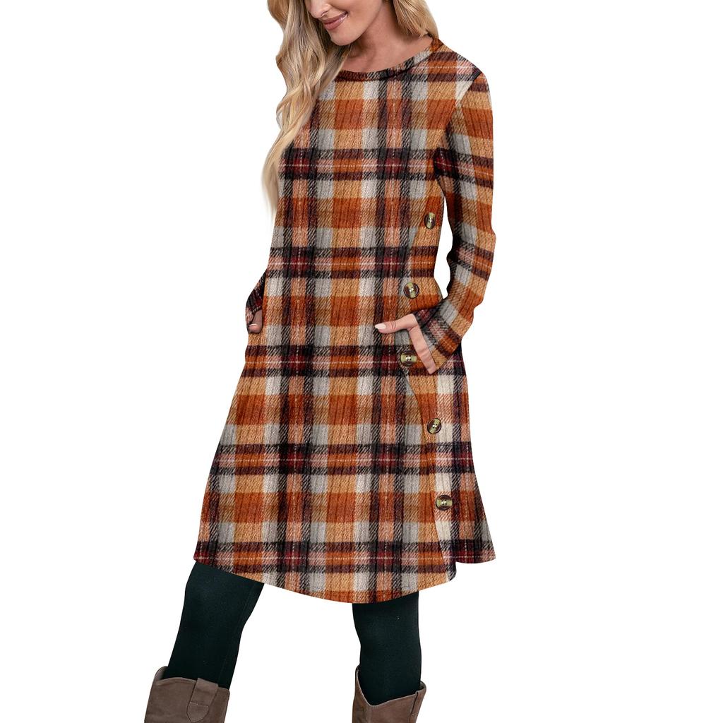 Women's Fashion Casual Long SleeveTunic Dress With Pockets Side Button Dress