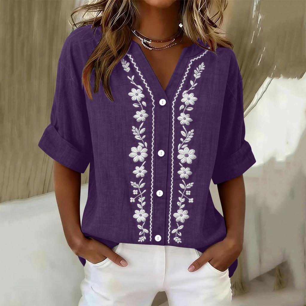 Women's Long Sleeve Button Down Blouse - Color Round Neck with Embroidery, Casual and Daily Wear Top for Women