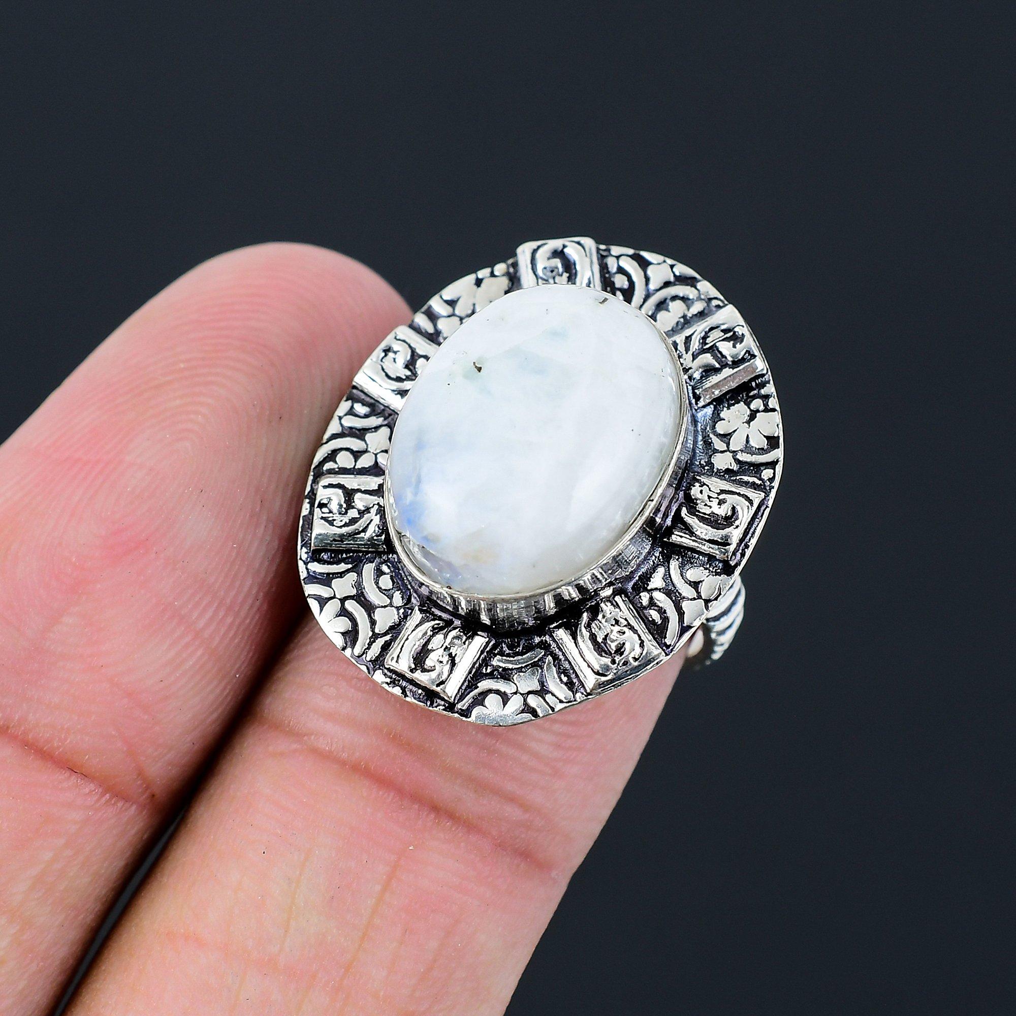 Sterling Silver Rainbow Moonstone Gemstone Engagement Solitaire Boho Ring Size 7 7