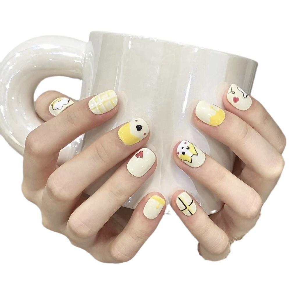 Short Round Fake Nail With Glue Cute Corgi Dog Funny Yellow Short Acrylic Press on Artificial Fake nails Reusable Nails