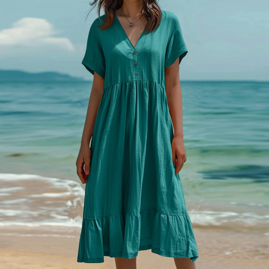 Omens Mode Farbe Kurzarm Baumwolle Leinen Patchwork Faltenkleid