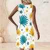 Women Plus Size White Floral Printed Sleeveless A Line Dress Round Neck Keyhole Ring Detail