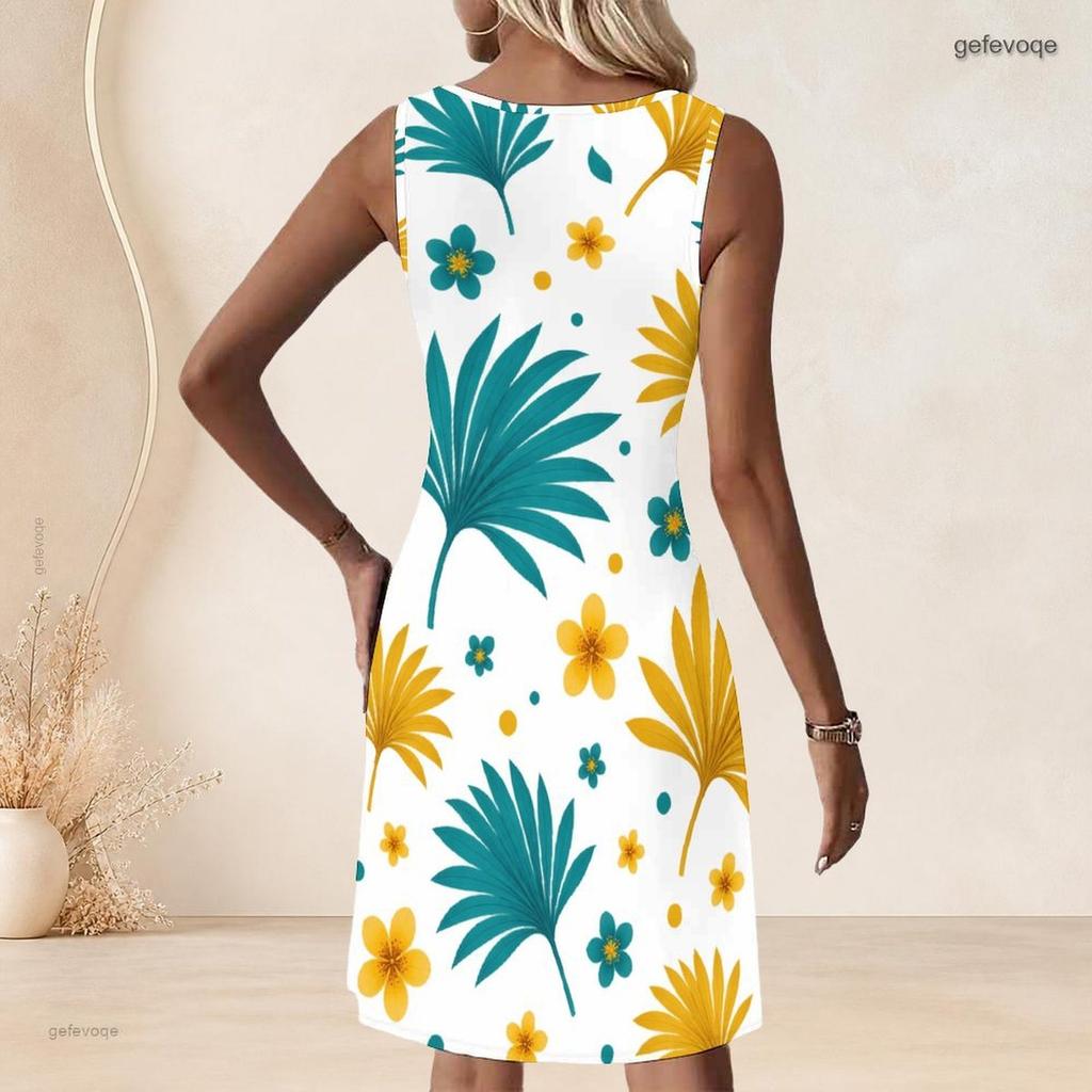Women Plus Size White Floral Printed Sleeveless A Line Dress Round Neck Keyhole Ring Detail