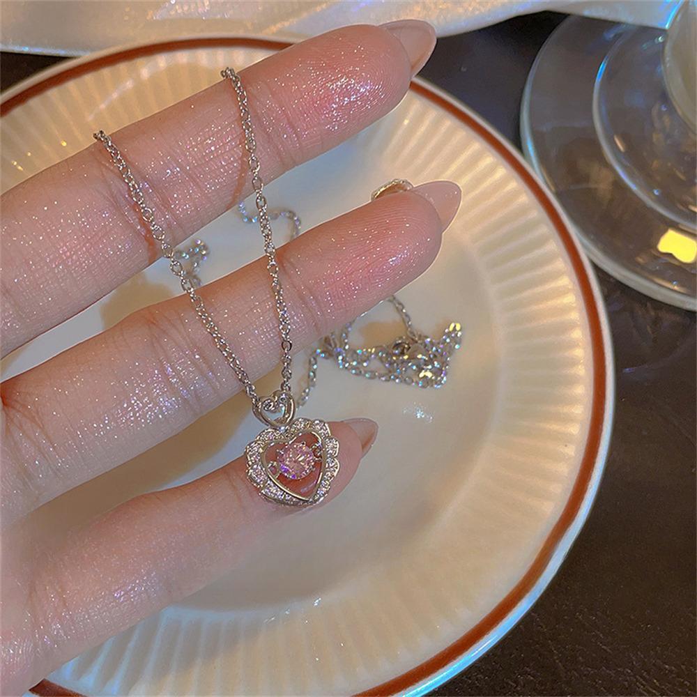 Colier strălucitor cu inimă roz Y2K pentru femei, dulce, cool, adolescenți, Kpop, cu fundă, strasuri, lanț de claviculă, choker, bijuterii de petrecere