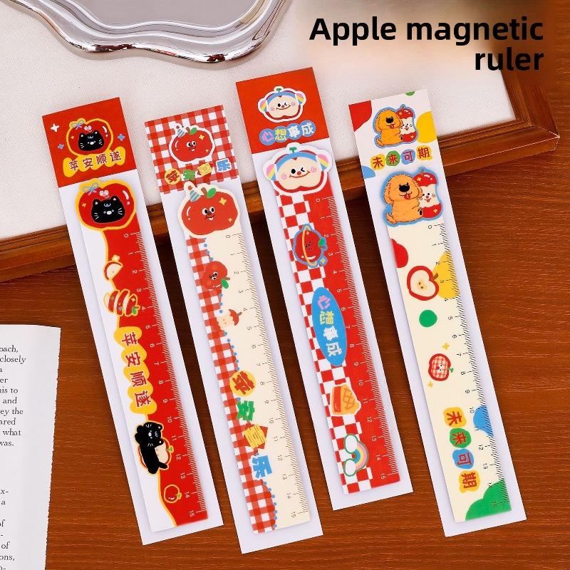 Cartoon Apple Magnetic Bookmark Ruler, Student Flexible Ruler, Cute and Girlish, Inspiring Stationery Magnetic Straight Ruler