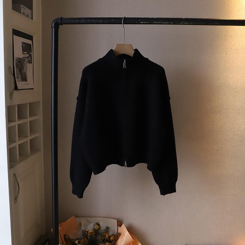Stand-up Collar Double Zipper Knitted Cardigan Women's 2024 Autumn and Winter New Loose Versatile Solid Color Premium Sweater Jacket