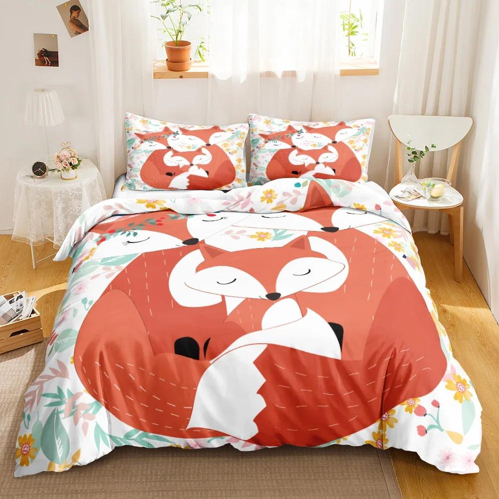 Cartoon Fox Cute Flower Feather Headband Comfortable Duvet Cover Pillowcase Bedding Set Children Bedroom Decoration Home Textile