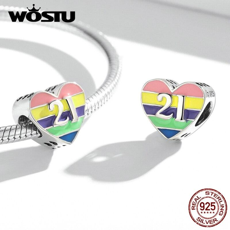WOSTU 925 Sterling Silver Charm Rainbow Love Lettering 21 Bead Pendant Fit Original Bracelet Necklace For Women Jewelry