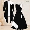 Women Plus Size Two Piece Set Long Sleeve Open Cardigan Sleeveless Round Neck Tie Waist Geometric Printed Black White Dress