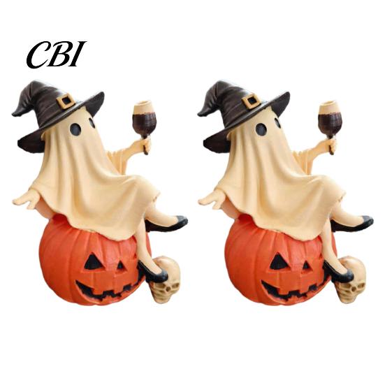Spooky Desktop Ornament Cute Ghost Figurine, Sitting on Pumpkin Statue with Witch Halloween Gifts for Women Hat, Resin Tabletop Home Party Decor