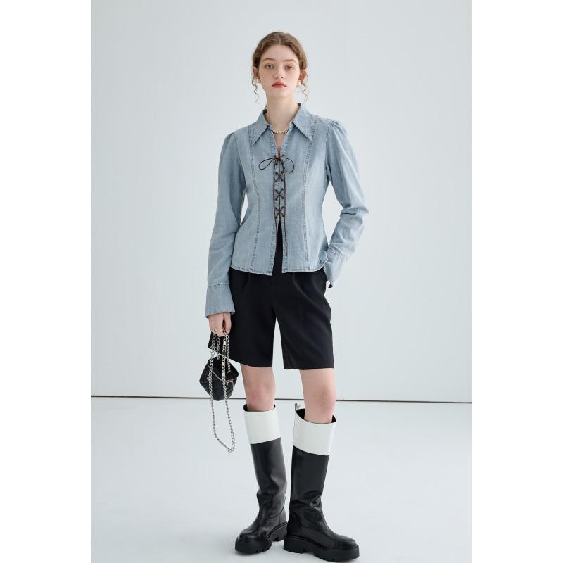 Women's Spring New Design Tie Long Sleeve Split Waisted Denim Shirt Top