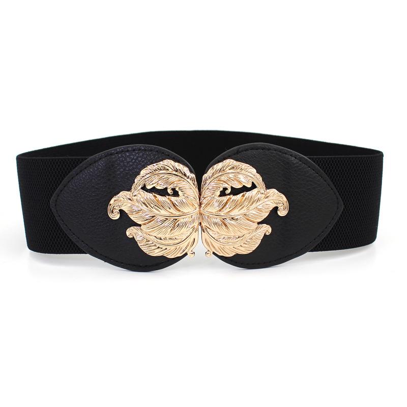 

Эластичный ремень Женский пуховик Пальто Декоративная пряжка с золотыми листьями Эластичный широкий пояс чёрный