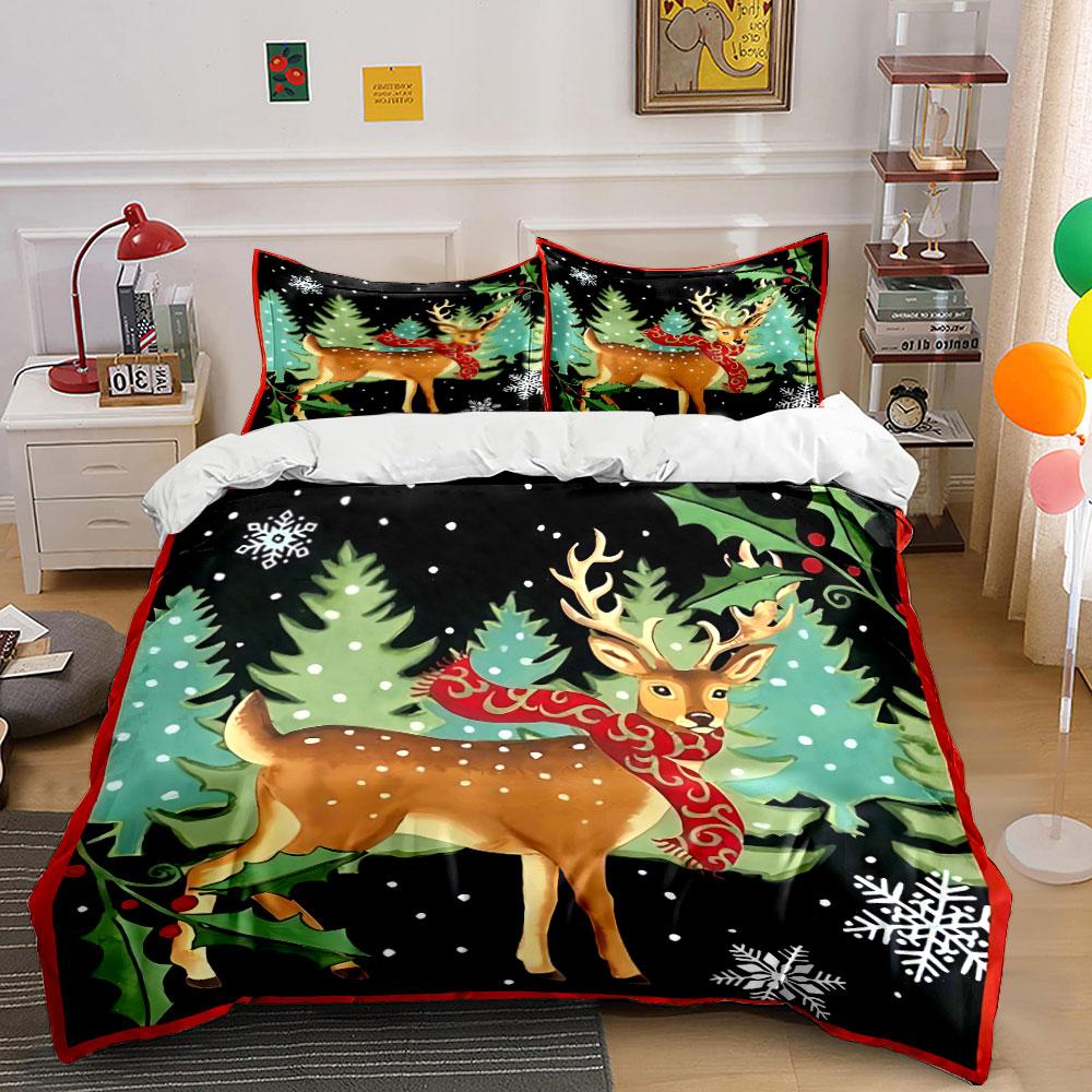 Christmas Deer with Red Scarf Bedding Duvet Cover Set Duvet Cover Pillowcases (1*Duvet Cover 2*Pillowcases, Without Duvet Insert)