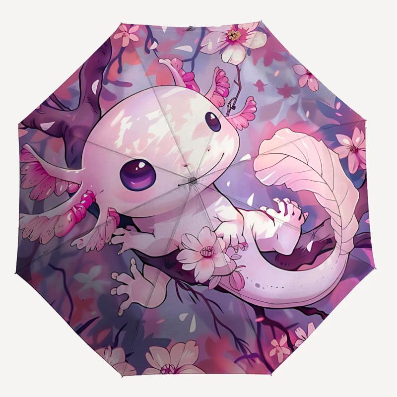 1PC Axolotl Sakura Automatic Open/Close Umbrella with Windproof, 8-Rib Sturdy Canopy, Durable Ribs, Fashionable Design, Outdoor Accessory, Fun Prin, H