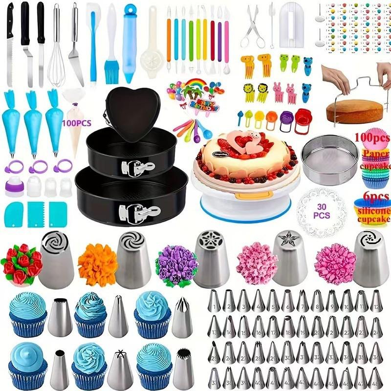 398/413-Piece Cake Decorating Kit With Turntable Piping Tips Non-Stick Carbon Steel Baking Pan Set