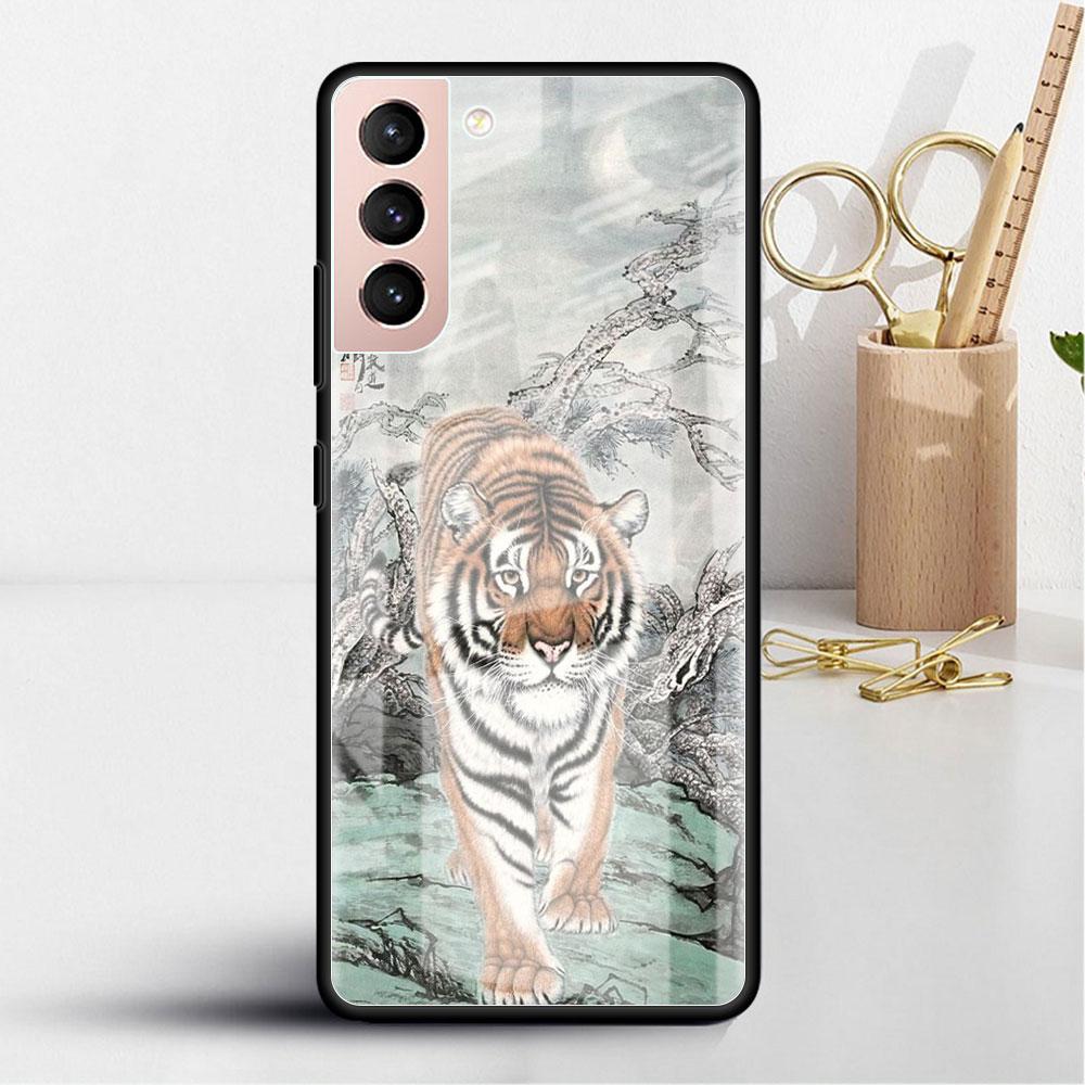 Glass Case For Samsung Galaxy S22 S20 FE S21 5G S10 S9 Plus Note 10 20 Lite Tempered Phone Cover Tiger Crane ART