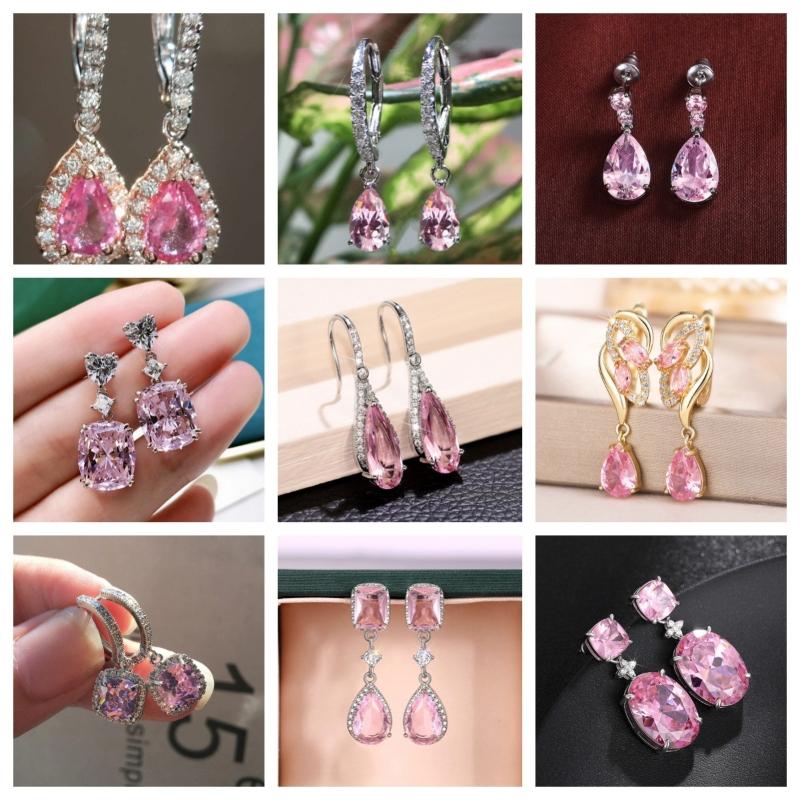 Elegant Light Luxury Pink Zircon Earrings for Women High-End Temperament Trendy Zircon Accessory