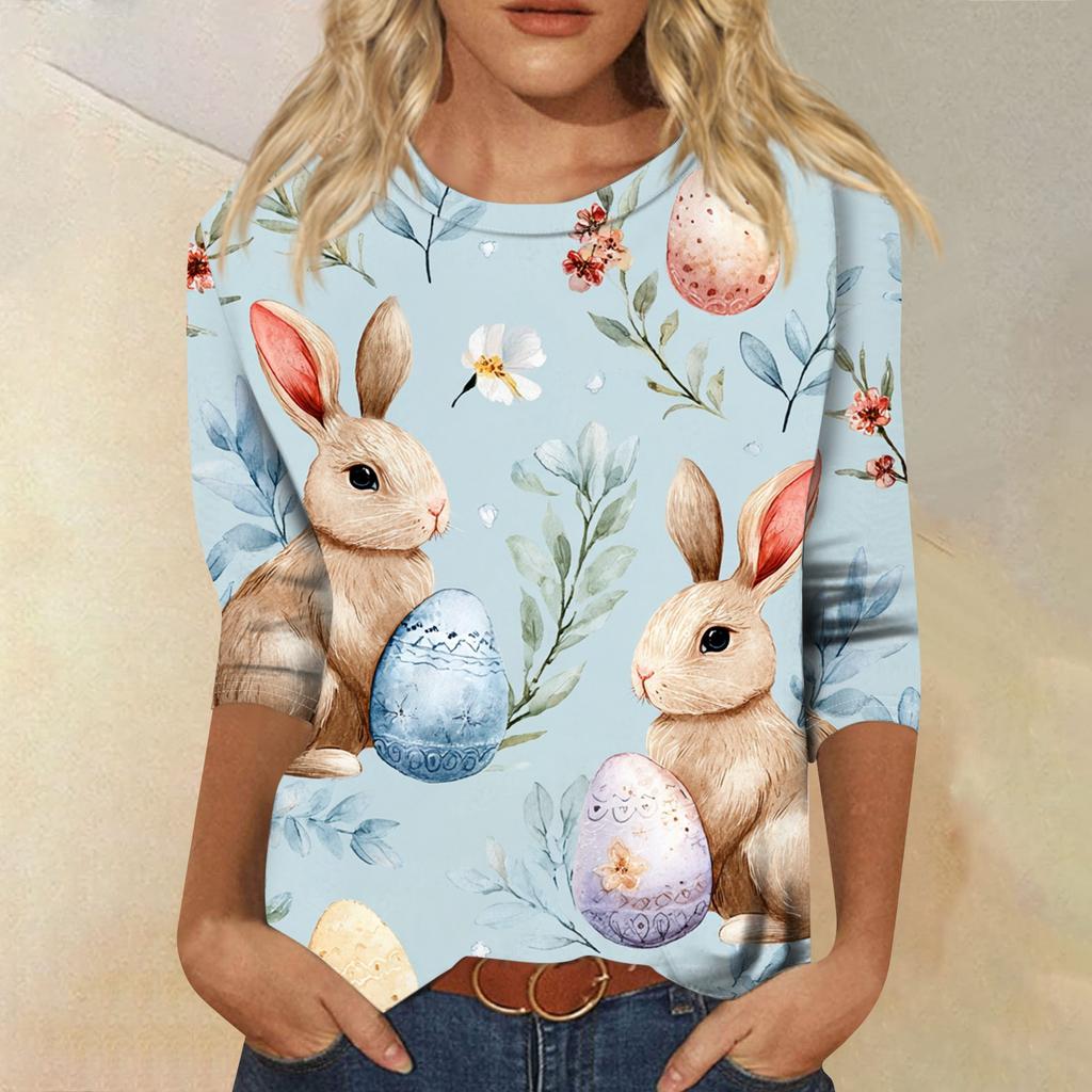 Top da donna casual con stampa di elementi pasquali, girocollo