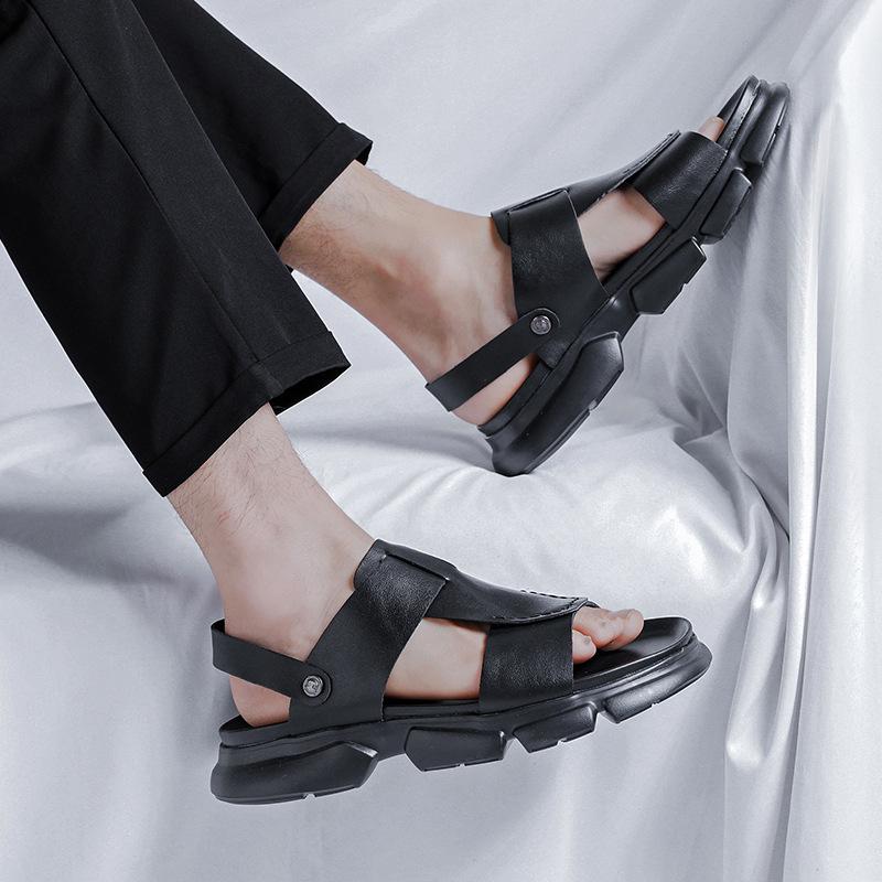 Slippers Men's Summer Outer Wear Ins Trendy British Style Black One-word Sandals Casual Thick Bottom Height Increase Two Wear 8608-R