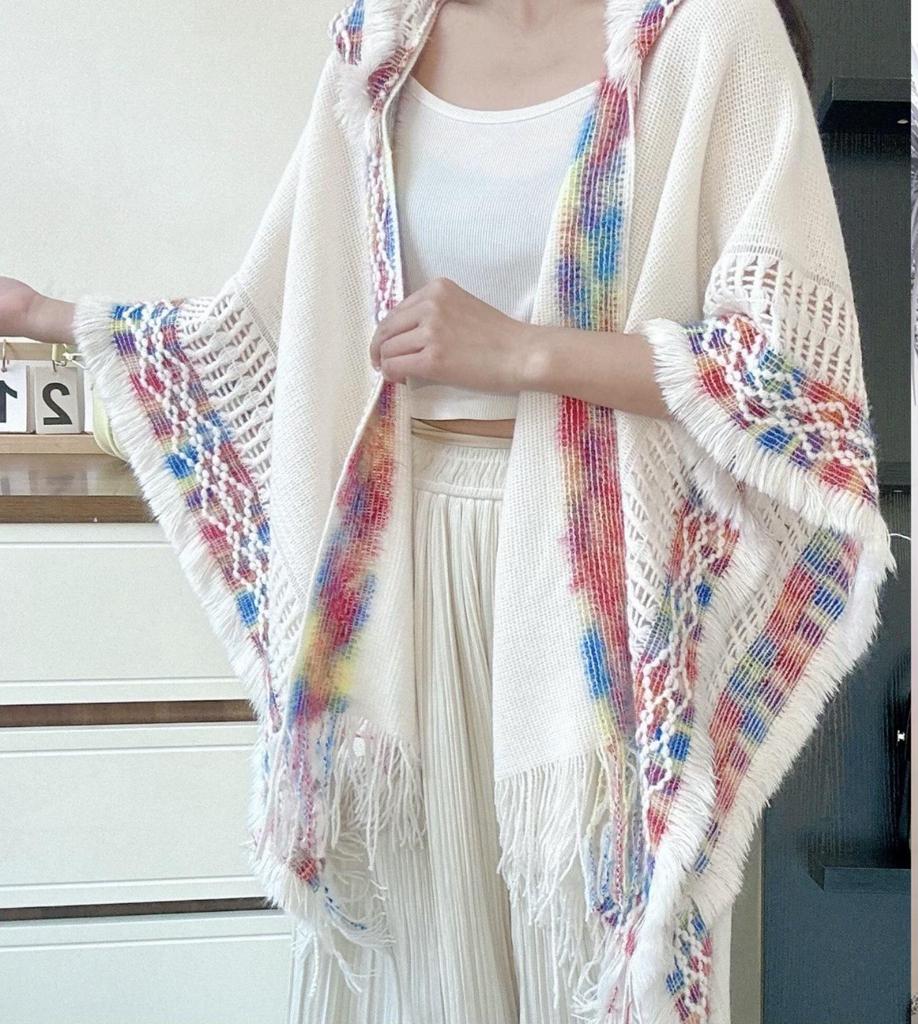 Bohemian Ethnic Hooded Shawl with Tassels - Women's Knitted Cardigan Cape