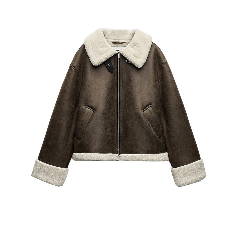 

Fall and Winter New Women s Clothing French Retro Lapels Long Sleeves Fur Integrated Short Jacket 5854226 Khaki L