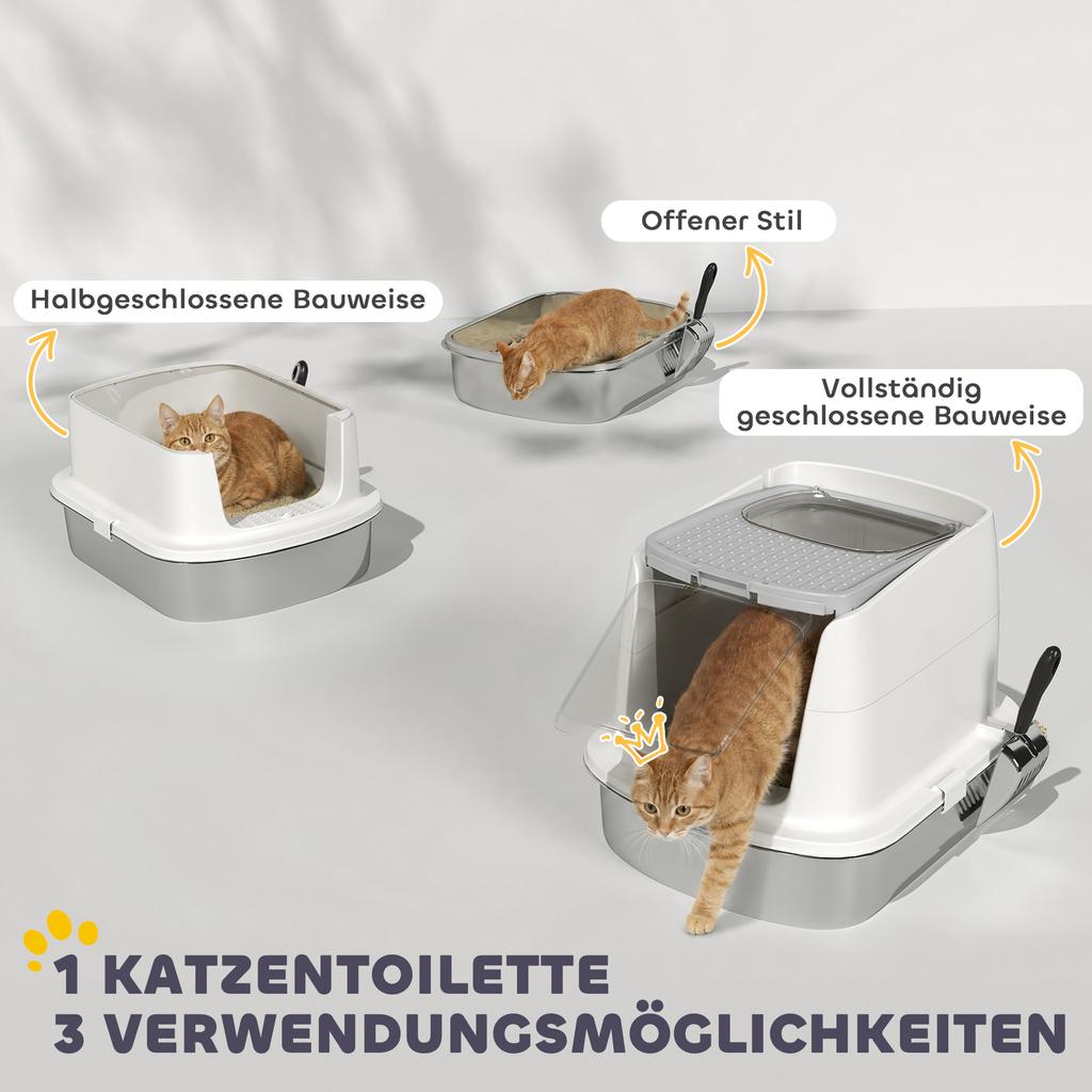 Large Stainless Steel Litter Box, Enclosed Metal Cat Litter Tray with Scoop, Deodoriser Bag, Front-Entry and Top-Exit