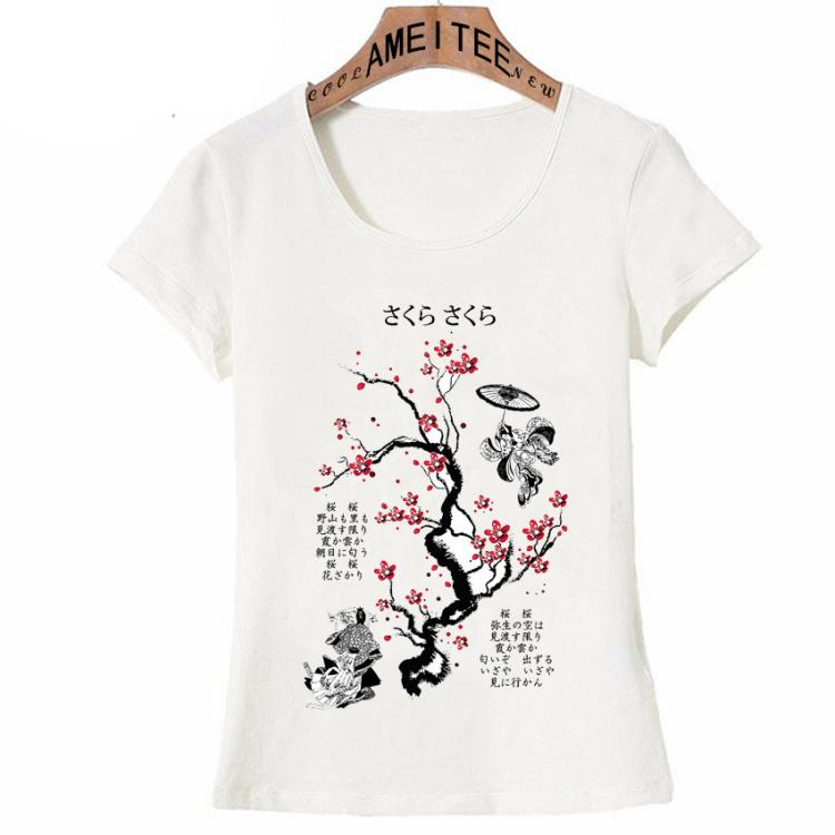 Cherry Blossom Art Print T Shirt Summer Fashion Women T Shirt Japanese Style Girl Casual Tops