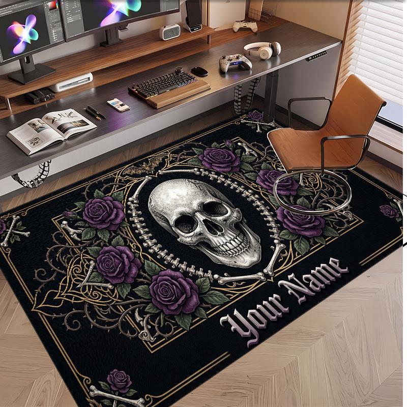 Totenkopf Gothic Thema Weicher Kristall-Samt Teppich Benutzerdefinierter Name & Text Druck Rutschfester Boden Teppich für Schlafzimmer Wohnzimmer