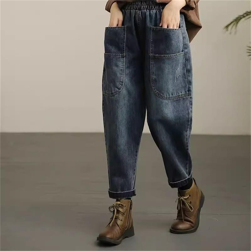 

Women Loose Denim Tight Harem Pants Summer Female Fashion Big Pocket Wind Elastic High Waist Ankle Jeans Female Trend B98 S синій