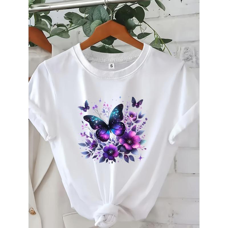 

European Size European Size Women S White T-Shirt with Vibrant Butterfly & Floral Print - Casual Round Neck Short Sleeve Top 4XL білий