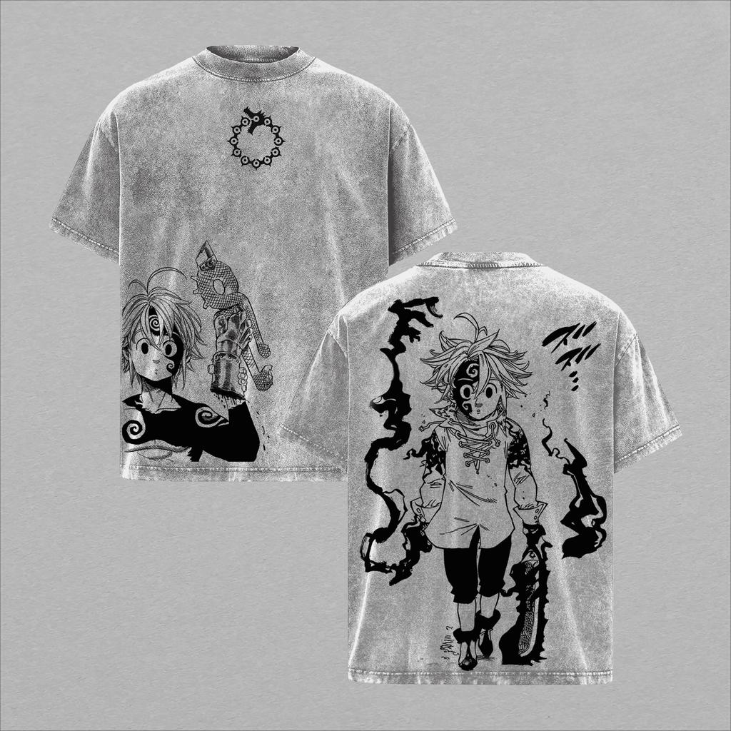 Meliodas The Seven Deadly Sins T-shirt Vintage Washed Oversized Tshirt Summer Short Sleeve Cotton Tee Shirt Tops Men Clothing