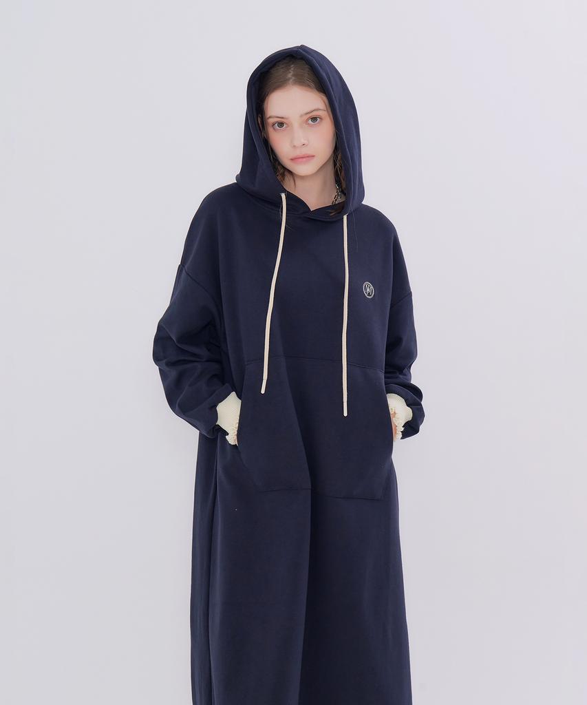 Metapeo Shirred Point Hooded Long Dress Navy