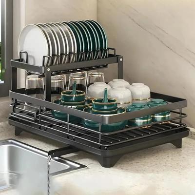 Scolapiatti da cucina regolabile in acciaio inox, 2 ripiani, organizer per piatti, scolapiatti, portaoggetti per utensili da cucina