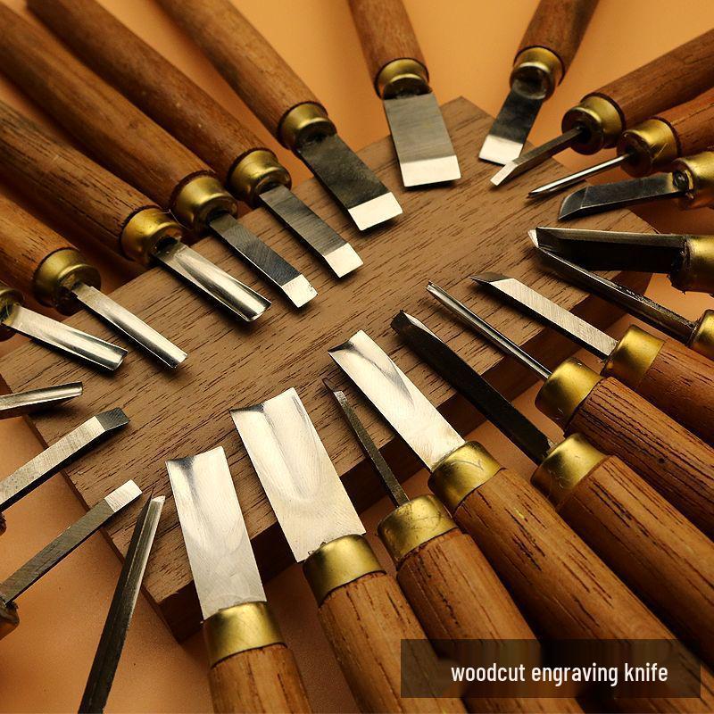 Set cuțit de sculptură în lemn: Lame plate, rotunde, bizotate pentru gravură manuală pe bloc de lemn