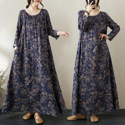 Damen Herbst Rundhals Plissee Lose Lazy Rock Minimalistischen Langarm Urlaub Stil Kleid Frauen