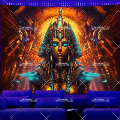 Ancient Shaman Pharaoh Blacklight Tapestrys UV Reactive Egypt Hieroglyphs Goddess Luminous Tapestrys Neon Fluorescent Backdrops